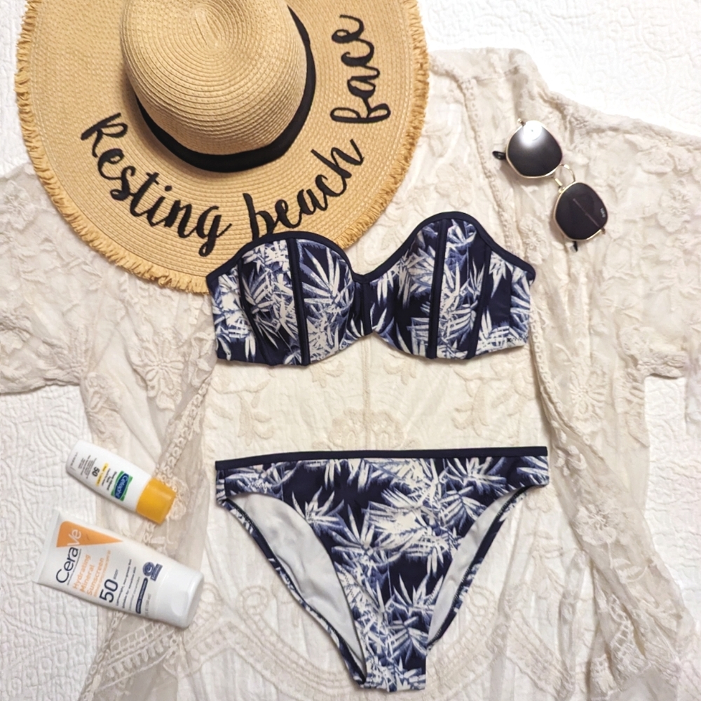 Mediterranean Blue and white classic bikini strapless two piece bathing suit